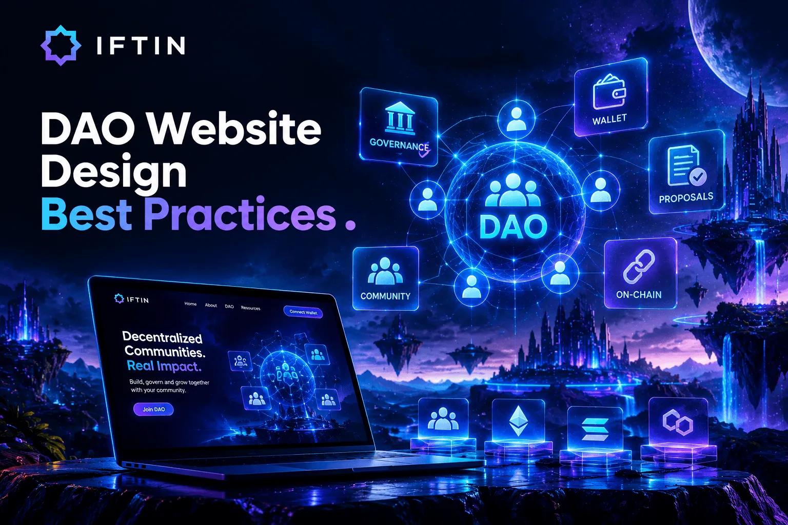 Dark mode DAO website design layout showing governance proposals and treasury analytics