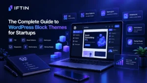 Infographic showing WordPress Block Themes file structure and theme.json design system for startups.