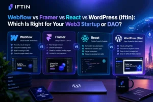 Web3 website builder comparison comparing Webflow, Framer, React, and WordPress Block Themes for DAOs